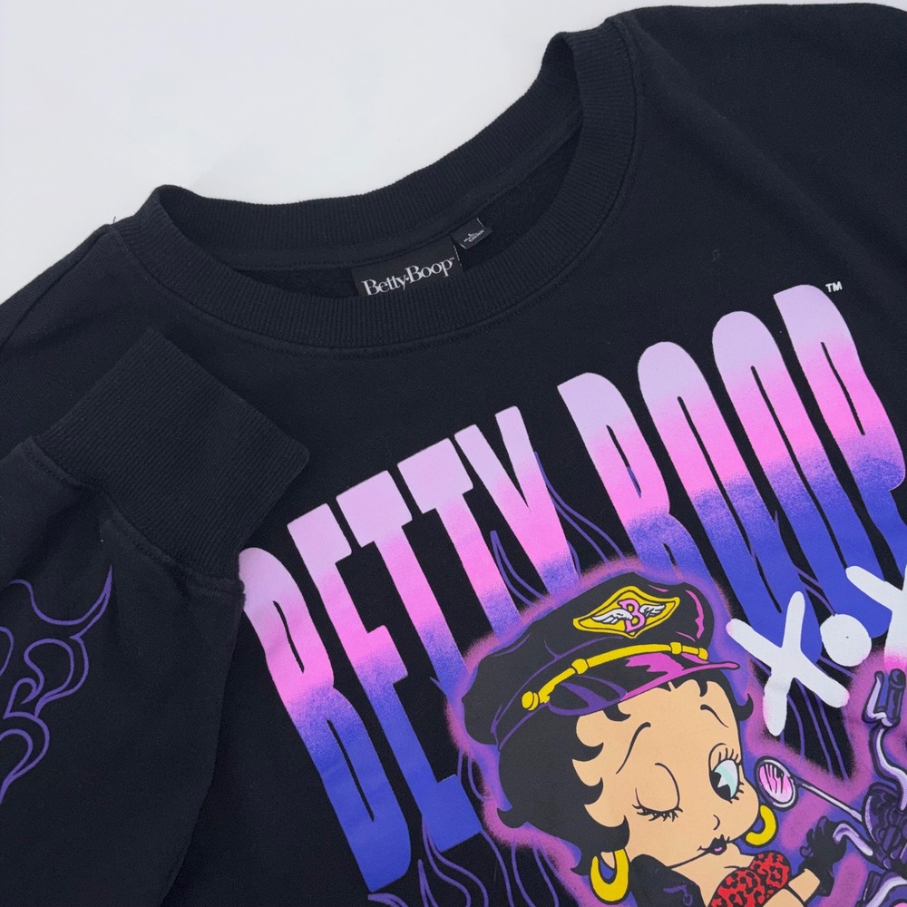 Betty Boop Born to Ride Biker Graphic Sweatshirt Black Purple Flames Large